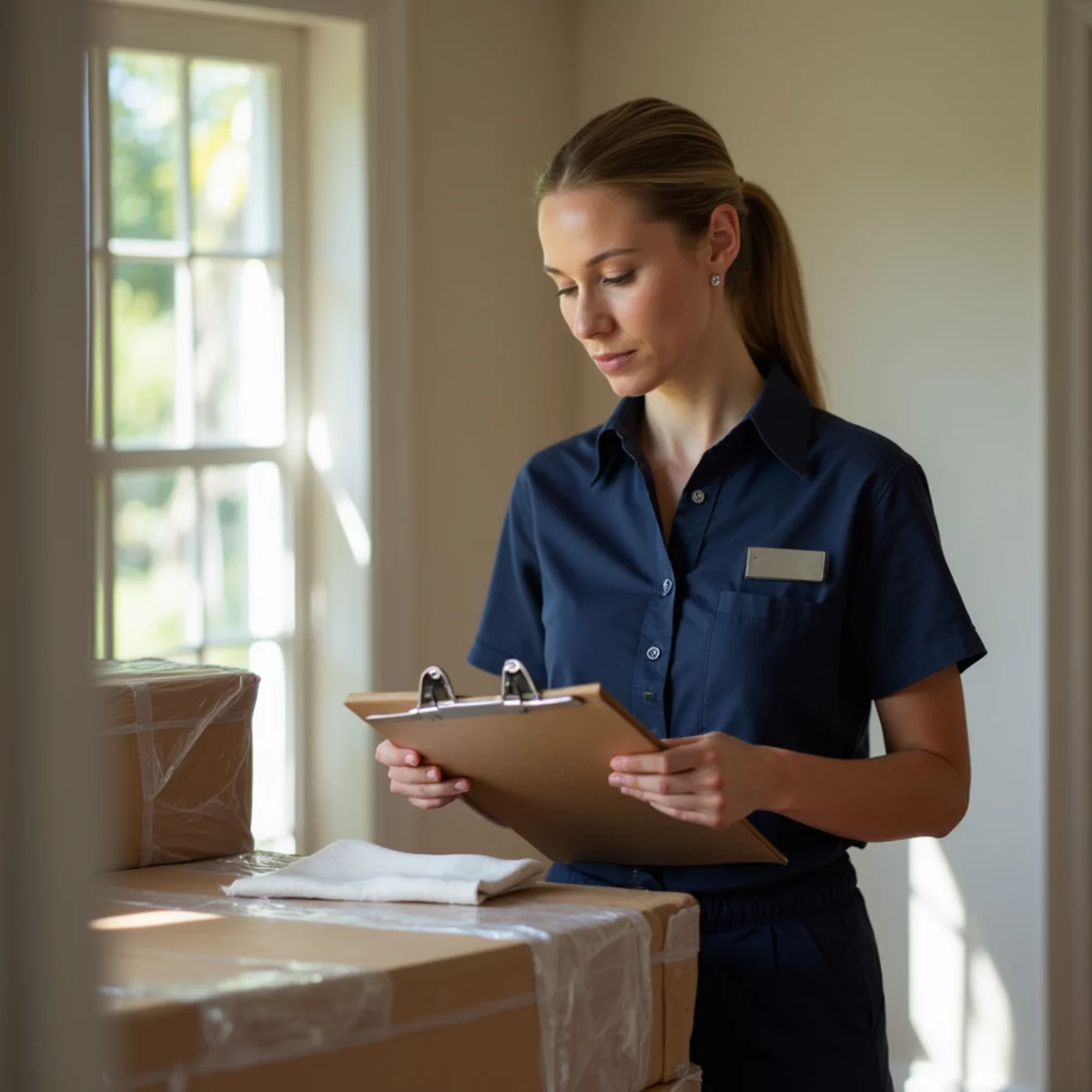 Moving company owner Amy inspecting wrapped antique furniture with clipboard in Florida home