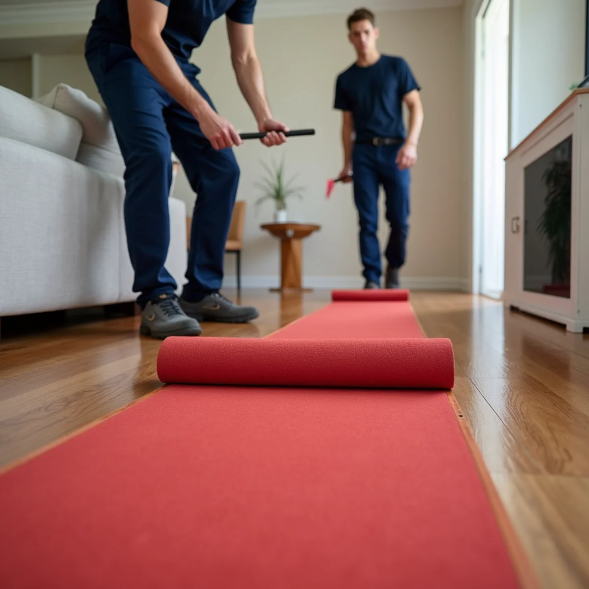 Two movers carefully rolling out heavy red neoprene floor runners across hardwood floors