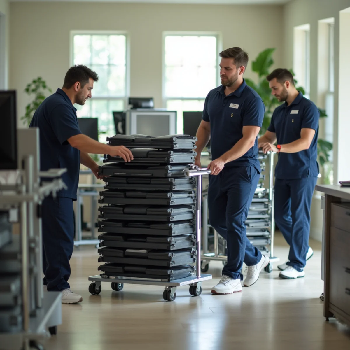Commercial movers wheeling multi-tiered computer carts through office corridor