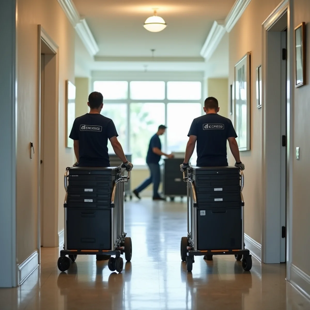 Commercial movers wheeling computer rolling carts through an office in South Florida