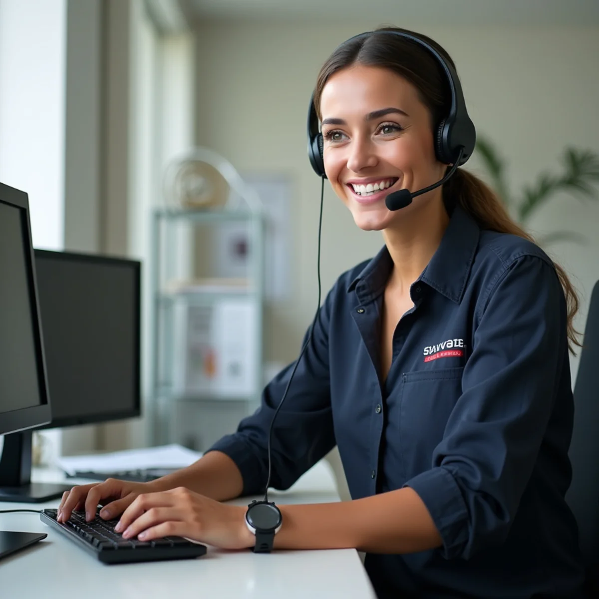 Customer care specialist speaking on telephone headset and reviewing relocation schedule in Miramar FL