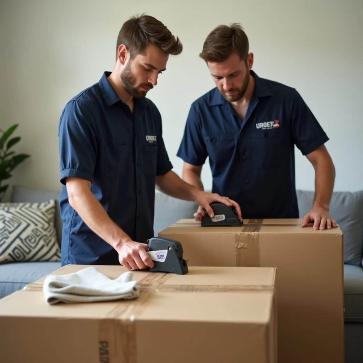 Movers sealing heavy-duty moving cartons with commercial packing tape