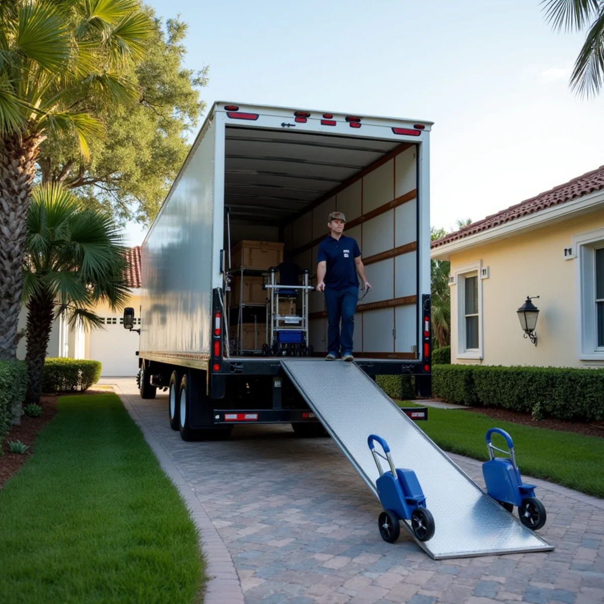 Lifetime Moving 26-foot commercial truck with heavy-duty loading ramp extended in Miramar FL