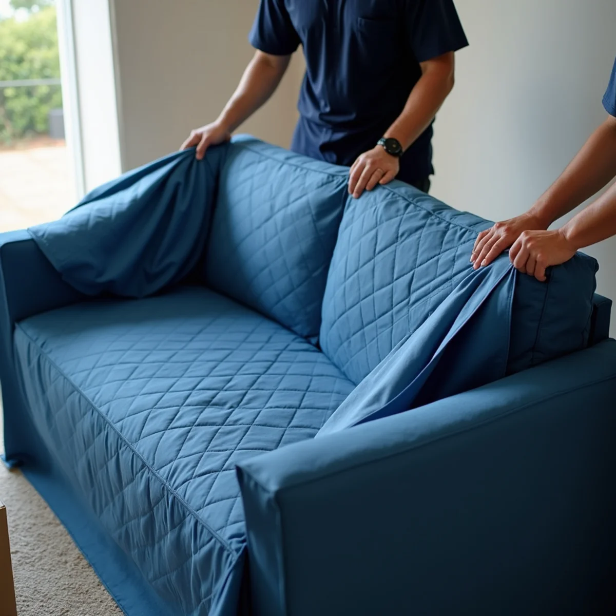 Lifetime Moving crew securing quilted moving blankets around furniture in Miramar FL