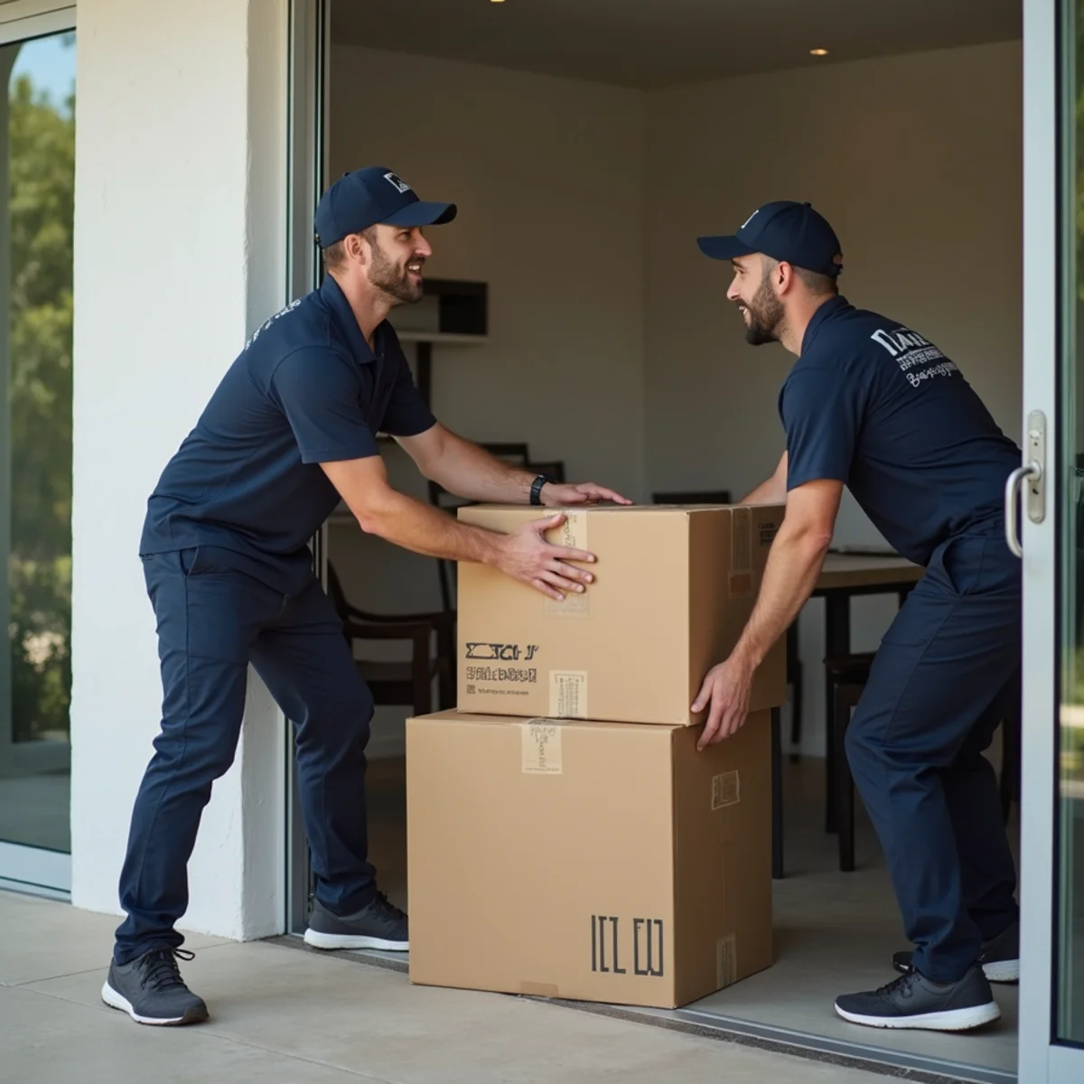 Movers stacking labeled moving boxes and padded chairs inside climate-controlled storage