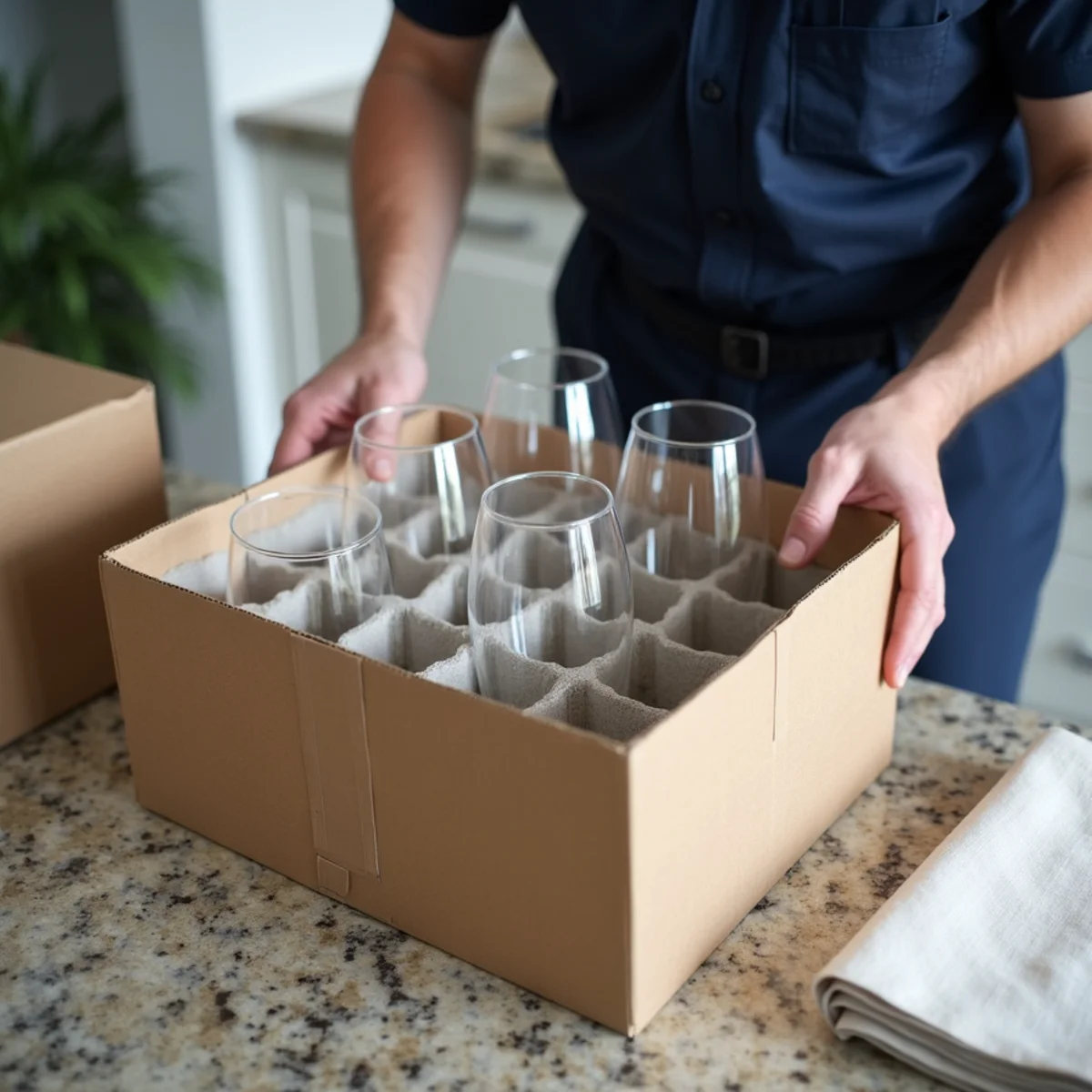 Professional kitchen packing station with partitioned dish pack boxes and bubble wrap
