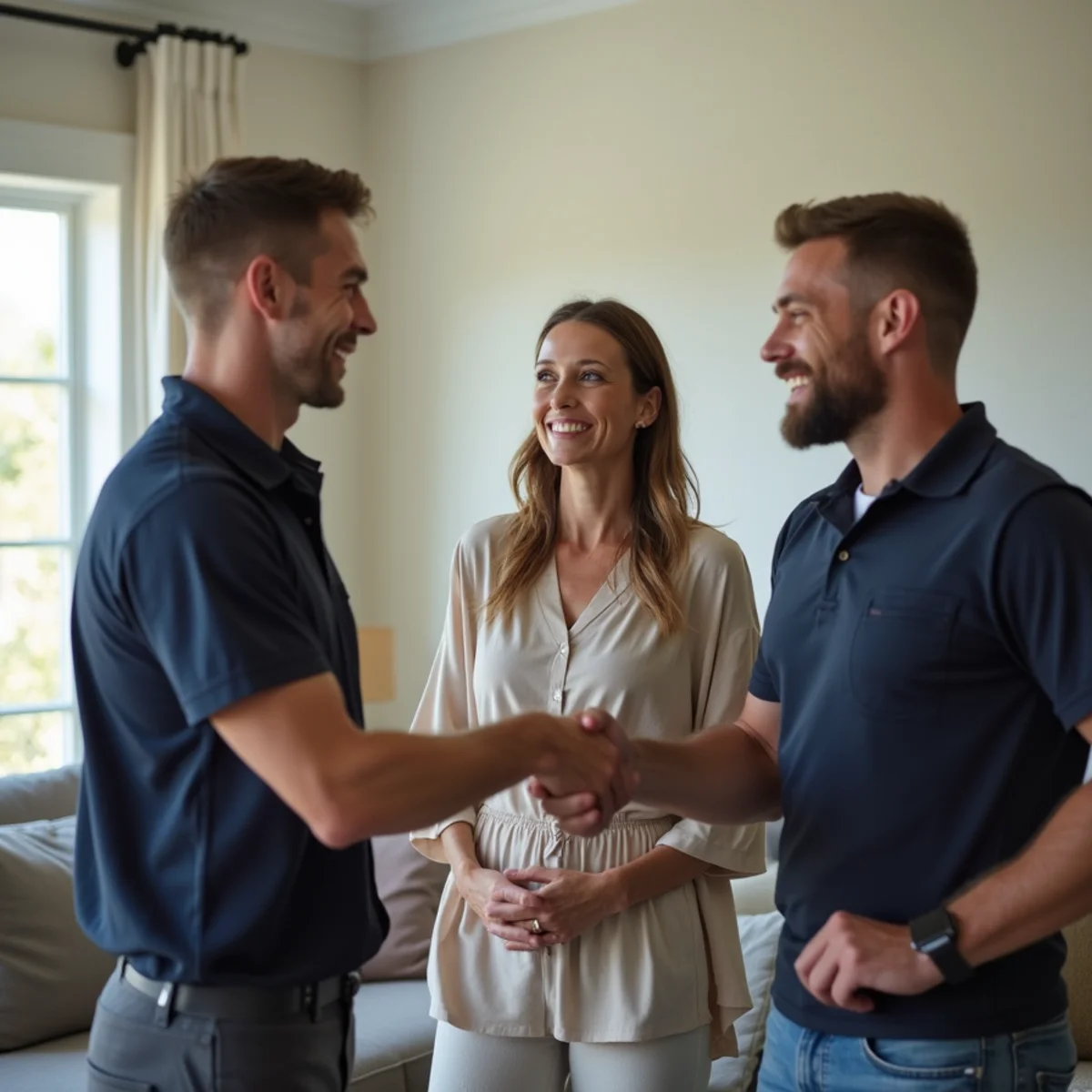 Smiling homeowner shaking hands warmly with lead mover in front of carefully placed furniture