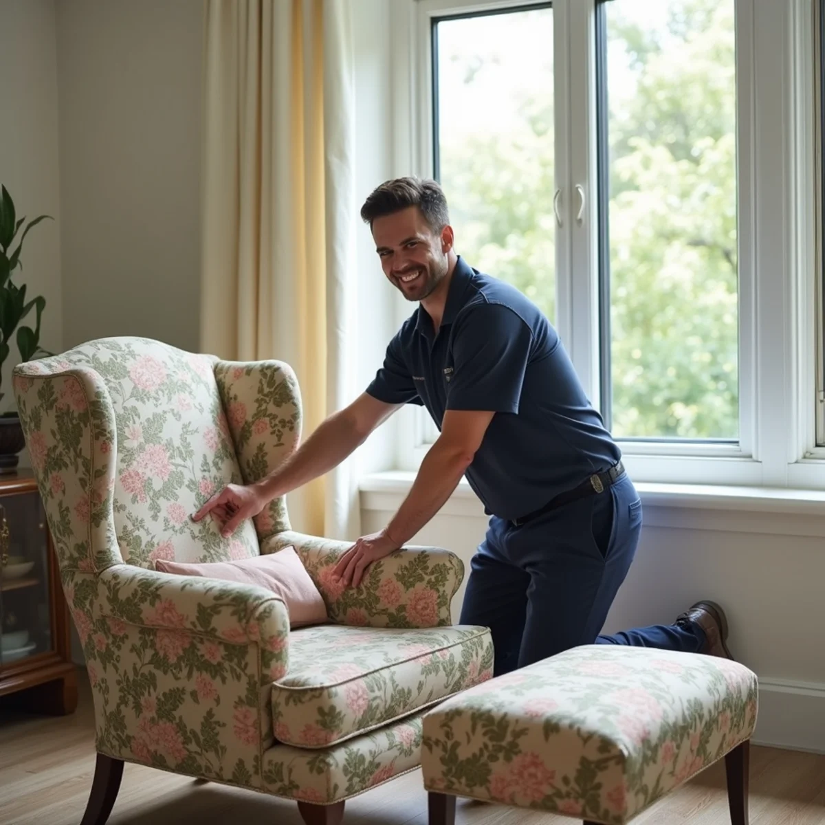 Gentle mover positioning upholstered armchair next to window in senior retirement home