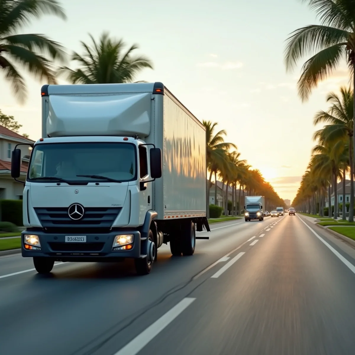 Moving truck driving smoothly along a palm-lined South Florida highway boulevard toward residential neighborhoods